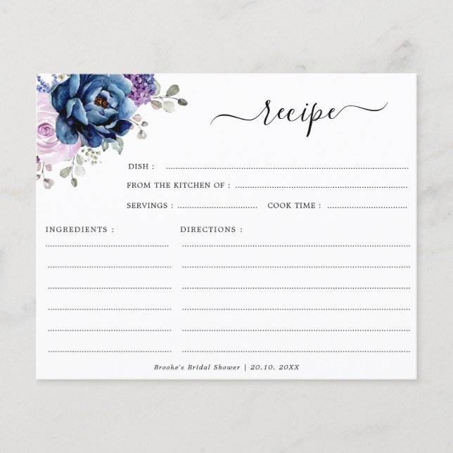 Dusty Blue Purple Navy Lilac Bridal Shower Recipe (Front)