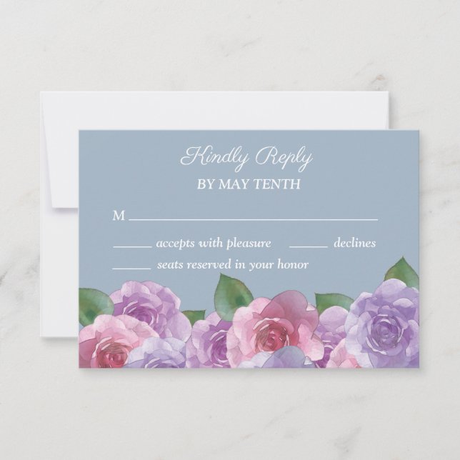 Dusty Blue Purple Pink Floral Wedding  RSVP Card (Front)