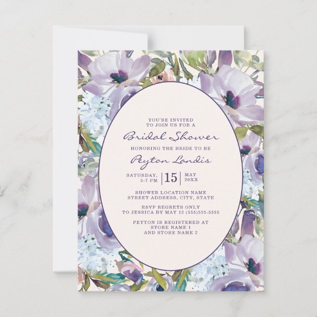 Dusty Blue Purple Watercolor Floral Bridal Invitation (Front)