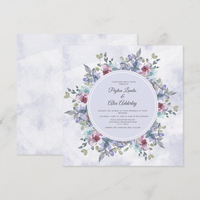 Dusty Blue Purple Watercolor Floral Wedding Invitation (Front/Back)