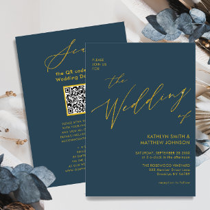 Dusty Blue QR Code All In One Gold Script Wedding Invitation