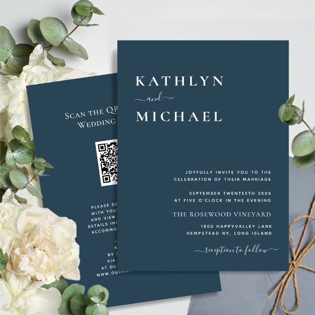 Dusty Blue QR Code All In One Modern Chic Wedding Invitation (Creator Uploaded)