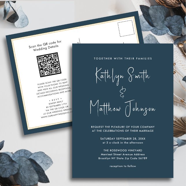 Dusty Blue QR Code All In One Modern Chic Wedding Invitation Postcard (Creator Uploaded)