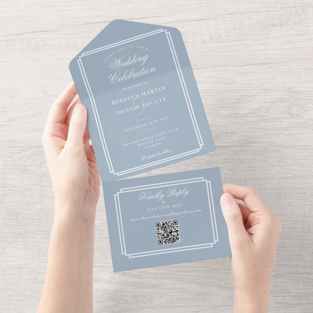 Dusty Blue QR Code Art Deco Monogram Wedding All In One Invitation (Tearaway)