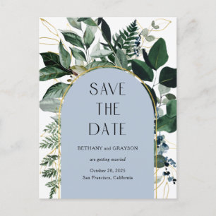 Dusty Blue, QR code modern botanical save the date Announcement Postcard