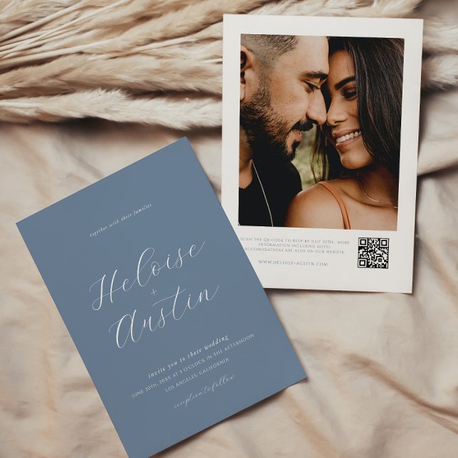 Dusty Blue QR Code Photo B&W Wedding Invitation (Creator Uploaded)