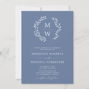 Dusty Blue QR Code RSVP Monogram Wreath Wedding Invitation