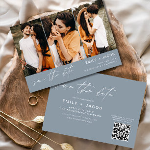 Dusty Blue QR Code Save the Date 3 Photo Elegant 