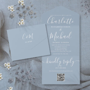Dusty Blue QR Code Script Minimalist Wedding All In One Invitation