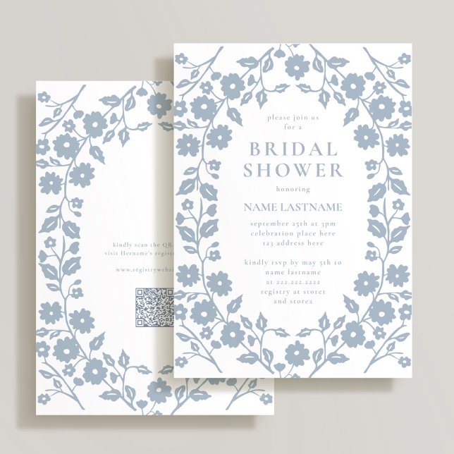 Dusty Blue QR Code White Folk Floral Bridal Shower Invitation (Creator Uploaded)