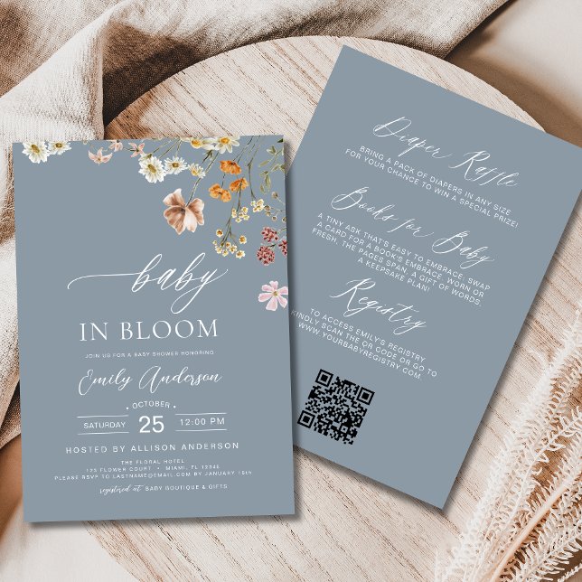 Dusty Blue QR Code Wildflower Baby in Bloom Invitation (Creator Uploaded)