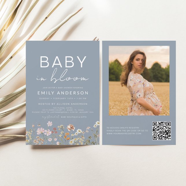 Dusty Blue QR Code Wildflower Baby in Bloom Shower Invitation (Creator Uploaded)