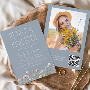 Dusty Blue QR Code Wildflower Petals & Prosecco Invitation