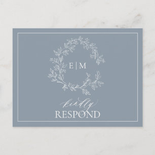 Dusty Blue QR Leafy Crest Monogram Wedding RSVP In Invitation Postcard