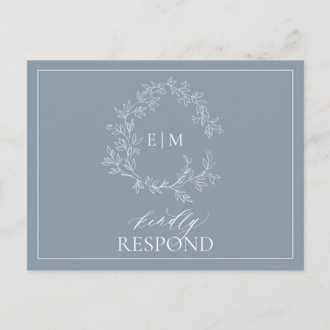 Dusty Blue QR Leafy Crest Monogram Wedding RSVP In Invitation Postcard (Front)