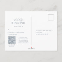 Dusty Blue QR Leafy Crest Monogram Wedding RSVP