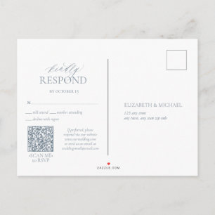 Dusty Blue QR Leafy Crest Monogram Wedding RSVP Invitation Postcard