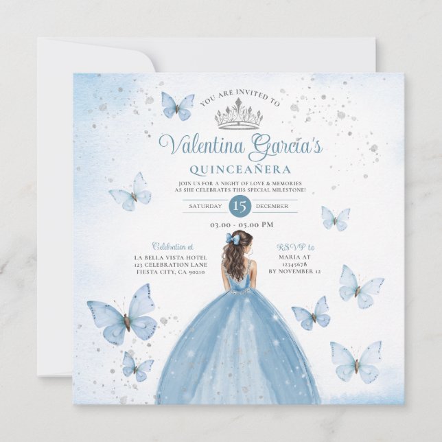Dusty Blue Quinceañera 15 Anos Butterfly Silver Invitation (Front)