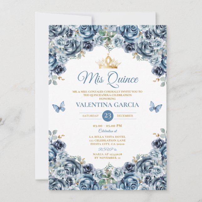 Dusty Blue Quinceañera 15 Anos Flowers Gold Crown Invitation (Front)