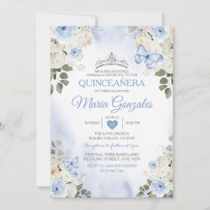 Dusty Blue Quinceañera Silver Crown Butterfly Invitation