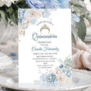 Dusty Blue Quinceañera Tiara Watercolor Roses Invitation