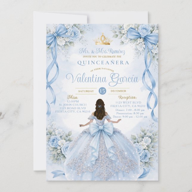 Dusty Blue Quinceañera with Bow Invitation (Front)