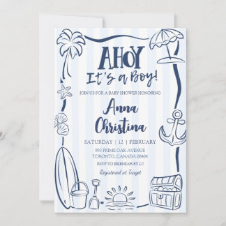 Dusty Blue Quriky Ahoy Boy Baby Shower Invitation