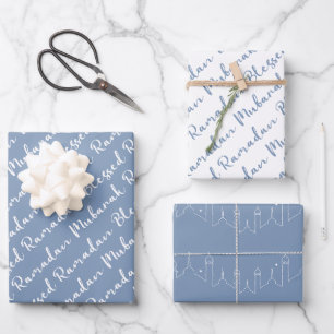 Dusty Blue Ramadan Calligraphy Masjid Pattern Wrapping Paper Sheet
