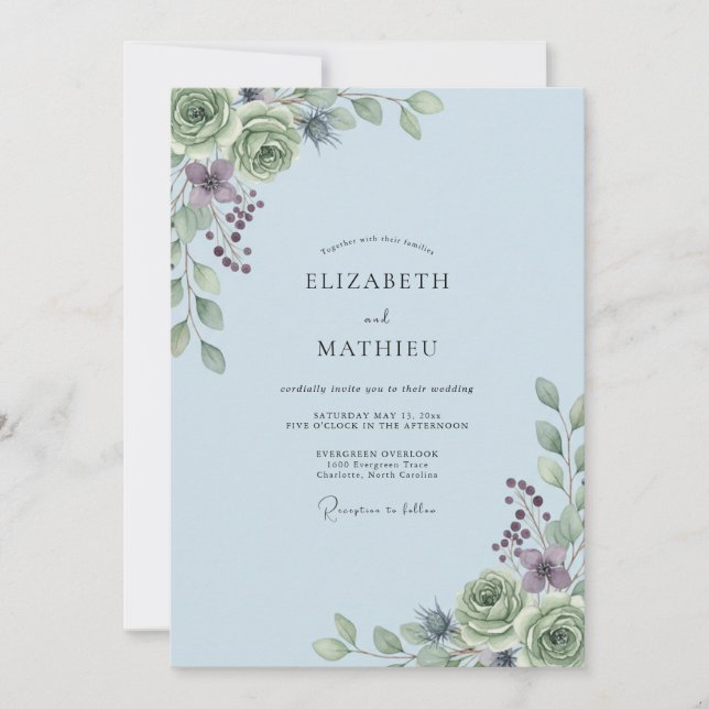Dusty Blue Ranunculus Eucalyptus Wedding Invitation (Front)