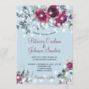 Dusty blue red burgundy floral winter wedding invitation