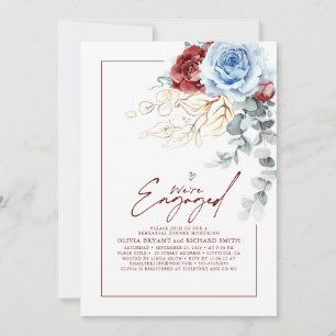 Dusty Blue Red Floral Engagement Party Photo Invitation