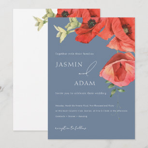 Dusty Blue Red Poppy Floral Wedding Invitation