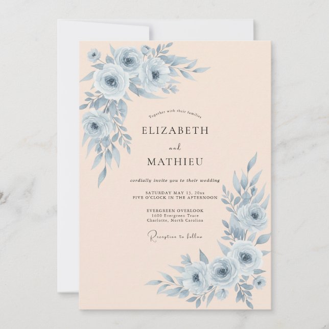 Dusty Blue Refined Botanical Wedding Invitation (Front)