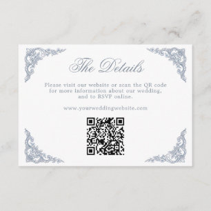 Dusty Blue Regal Scrollwork Wedding Website QR Enclosure Card