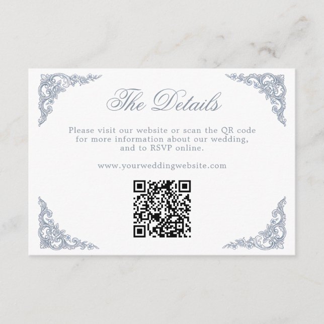 Dusty Blue Regal Scrollwork Wedding Website QR Enclosure Card (Front)