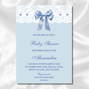 Dusty Blue Regency Bow Pearl Lace Baby Shower Invitation