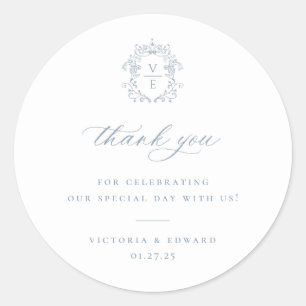 Dusty Blue Regency Crest Wedding Thank You Classic Round Sticker