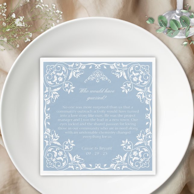 Dusty Blue Regency Era Where We Met Wedding Napkin (elegant dusty blue fun facts when how and where we met theme regency era inspired wedding napkins)
