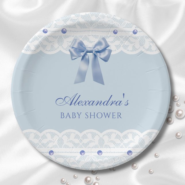 Dusty Blue Regency Pearl Satin Bow Baby Shower Paper Plate (Creator Uploaded)