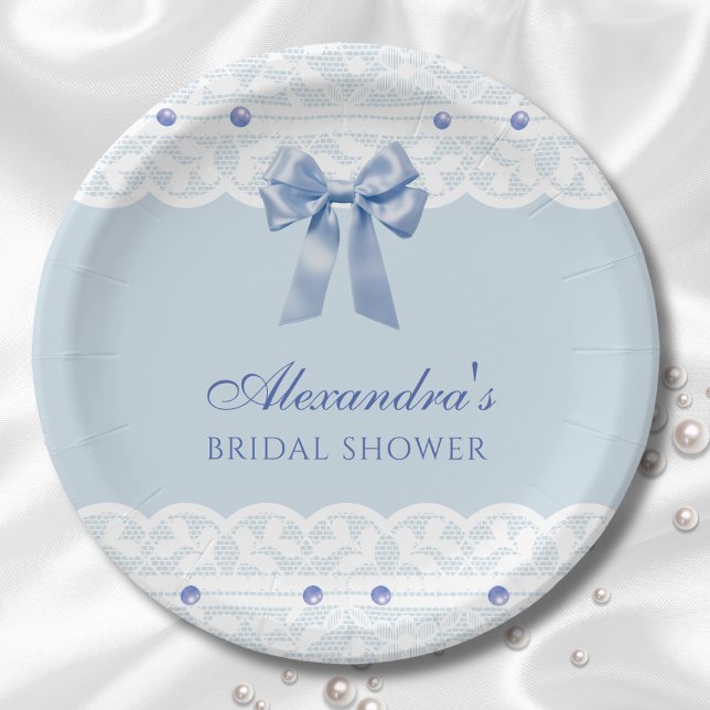 Dusty Blue Regency Pearl Satin Bow Bridal Shower Paper Plate (Creator Uploaded)