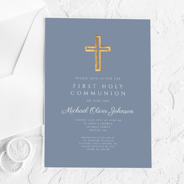 Dusty Blue Religious Cross Boy First Communion Acrylic Invitations (Dusty Blue Religious Cross Boy First Communion Acrylic Invitations)