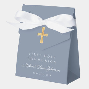 Dusty Blue Religious Cross Boy First Communion Favour Box