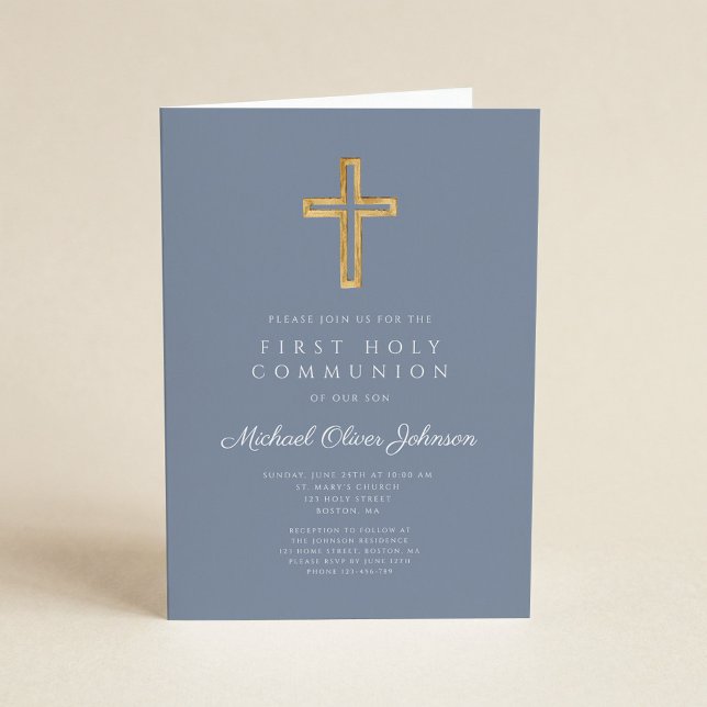 Dusty Blue Religious Cross Boy First Communion Invitation (Creator Uploaded)