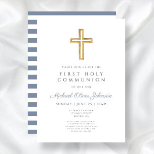 Dusty Blue Religious Cross Boy First Communion Invitation