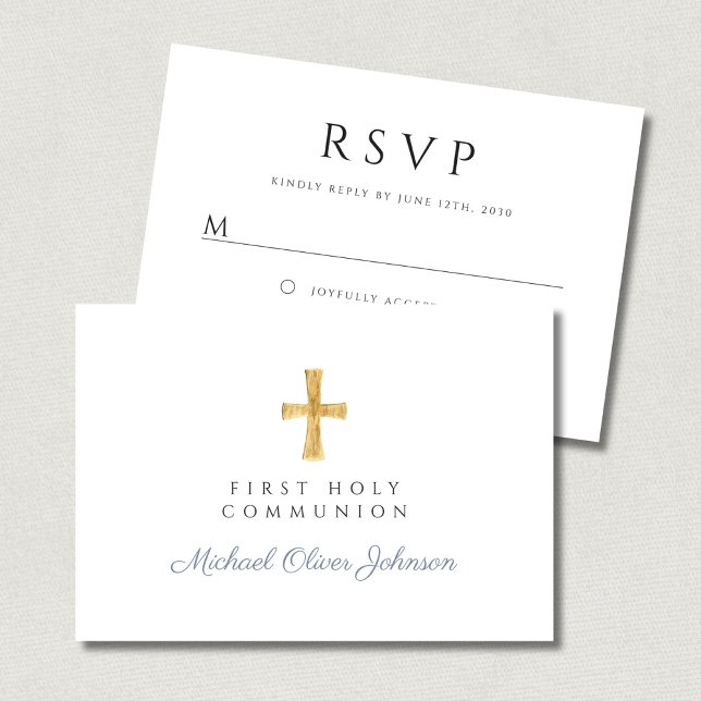 Dusty Blue Religious Cross Boy First Communion RSVP Card (Dusty Blue Religious Cross Boy First Communion RSVP Card)