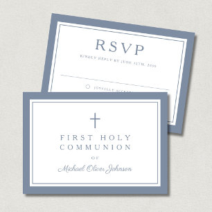 Dusty Blue Religious Cross Boy First Communion RSVP Card
