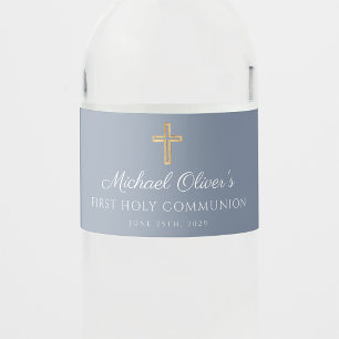 Dusty Blue Religious Cross Boy First Communion Water Bottle Label