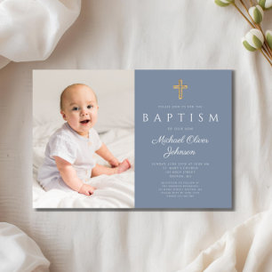 Dusty Blue Religious Cross Boy Photo Baptism Invitation