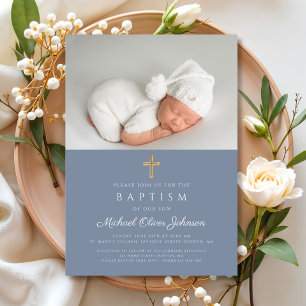 Dusty Blue Religious Cross Boy Photo Baptism Invitation