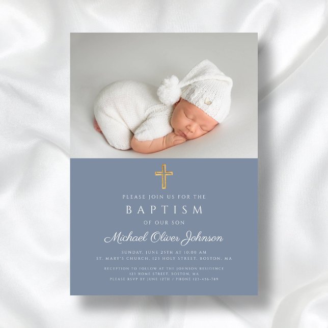 Dusty Blue Religious Cross Boy Photo Baptism Invitation (Dusty Blue Religious Cross Boy Photo Baptism Invitation)